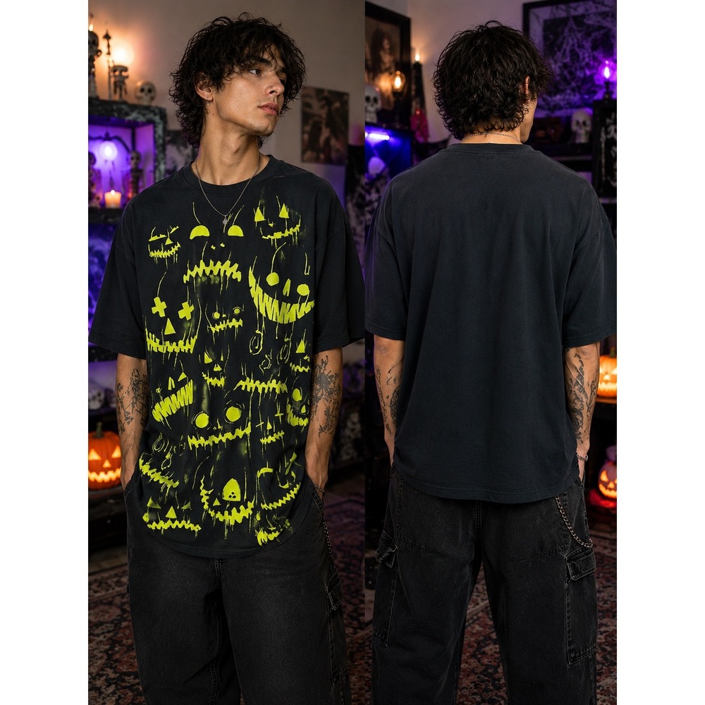 Halloween Creepy Faces Graphic Tee Black Neon Green Horror Goth Grunge L